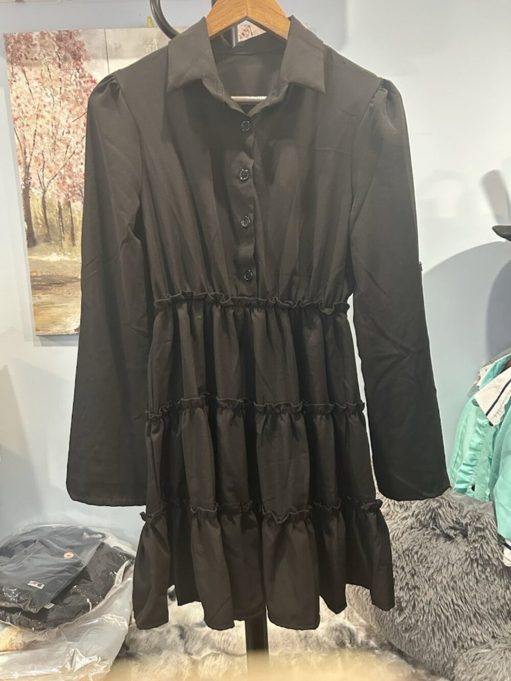 Mini Dress | Small | Black | Buttonup Collared Blouson Ruffles Long Sleeves